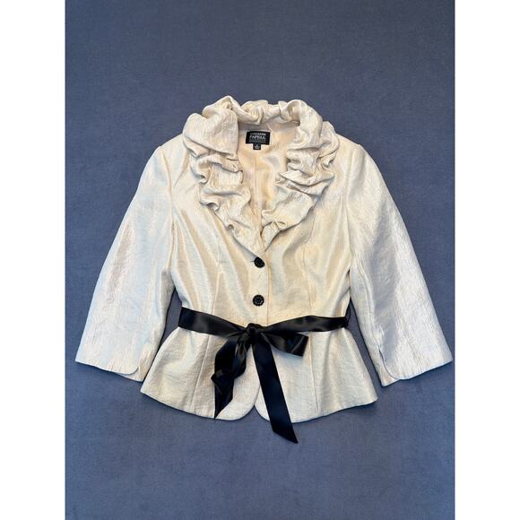 Adrianna Papell Tops - Adrianna Papell Jacket Champagne 3/4 Sleeve Ruffle Belt Elegant Blazer Coat WM 8